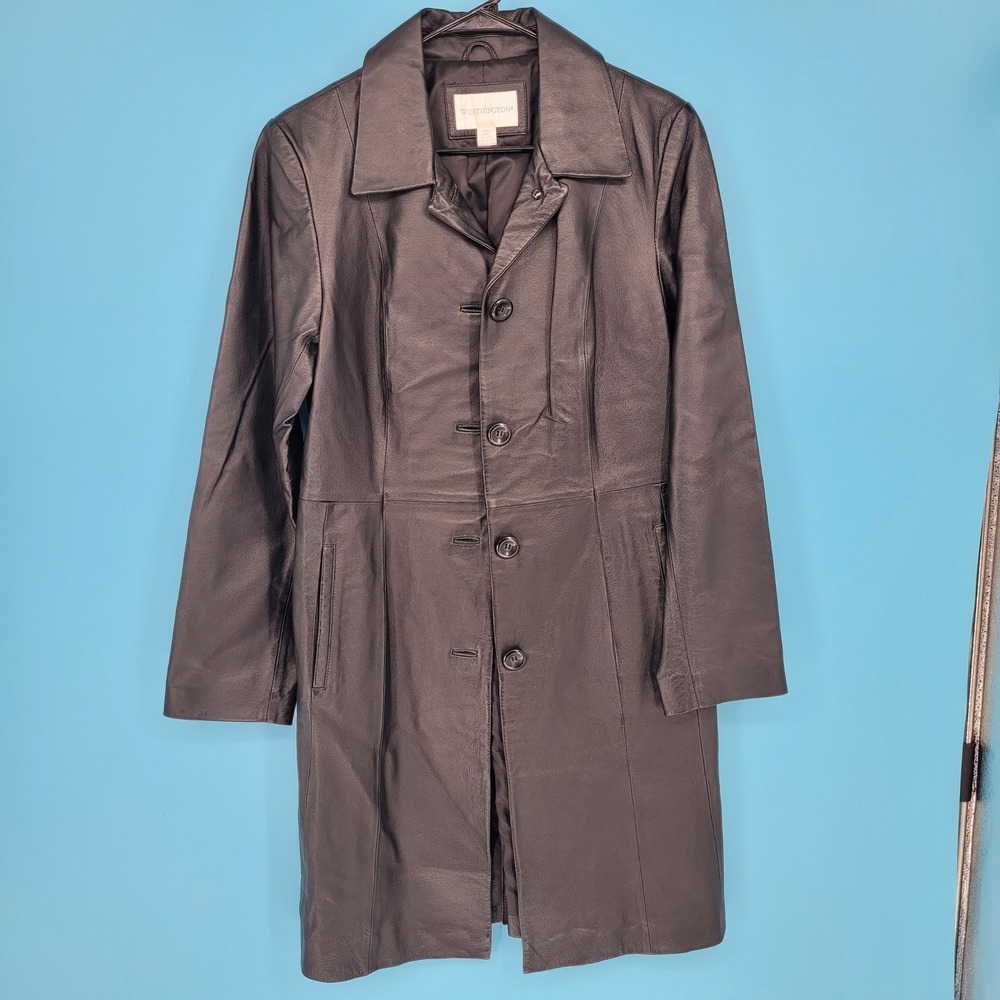 Vintage 90s Worthington Black Leather Trench Coat Matrix Goth mid length Jacket